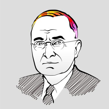 Harry S. Truman renkli saç vektörü çizimi. Elle çizilmiş taslak. Herhangi bir pazarlama projesinde kullanılmak üzere çizim yapmak ve baskı olarak yeniden satmak.