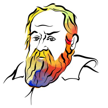 Galileo Galilei renkli saç vektörü çizimi. Elle çizilmiş taslak. Herhangi bir pazarlama projesinde kullanılmak üzere çizim yapmak ve baskı olarak yeniden satmak.