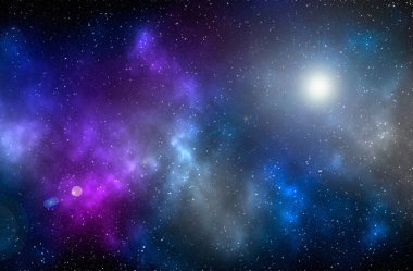 Yıldız tozu ve parlayan yıldızlarla dolu bir arka plan. Gerçekçi kainat ve renkli nebula. Renkli galaksi. 3d illüstrasyon.