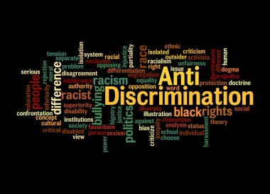 ANTI DISCRIMINATION kavramına sahip Kelime Bulutu, siyah bir arka planda izole.
