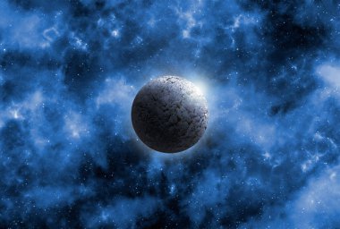 Uzaydan gelen bilinmeyen bir gezegen. Uzay nebulası. Kozmik yıldız kümesi. Dış uzay arkaplanı. 3B Görüntü.