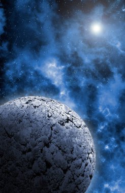 Uzaydan gelen bilinmeyen bir gezegen. Uzay nebulası. Kozmik yıldız kümesi. Dış uzay arkaplanı. 3B Görüntü.