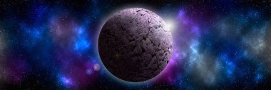 Uzaydan gelen bilinmeyen bir gezegen. Uzay nebulası. Kozmik yıldız kümesi. Dış uzay arkaplanı. 3B Görüntü.
