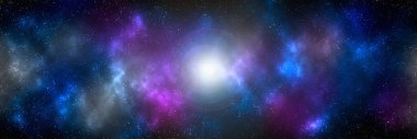 Yıldız tozu ve parlayan yıldızlarla dolu bir arka plan. Gerçekçi kainat ve renkli nebula. Renkli galaksi. 3d illüstrasyon.
