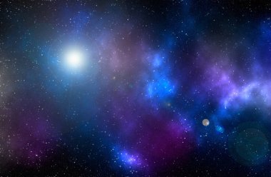 Yıldız tozu ve parlayan yıldızlarla dolu bir arka plan. Gerçekçi kainat ve renkli nebula. Renkli galaksi. 3d illüstrasyon.