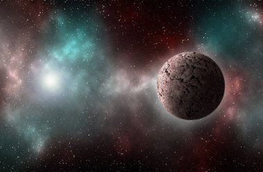 Uzaydan gelen bilinmeyen bir gezegen. Uzay nebulası. Kozmik yıldız kümesi. Dış uzay arkaplanı. 3B Görüntü.