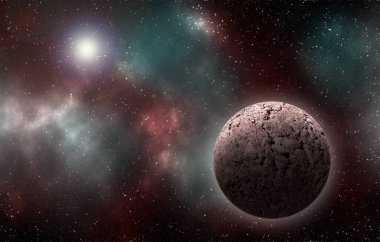 Uzaydan gelen bilinmeyen bir gezegen. Uzay nebulası. Kozmik yıldız kümesi. Dış uzay arkaplanı. 3B Görüntü.