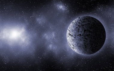 Uzaydan gelen bilinmeyen bir gezegen. Uzay nebulası. Kozmik yıldız kümesi. Dış uzay arkaplanı. 3B Görüntü.