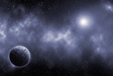 Uzaydan gelen bilinmeyen bir gezegen. Uzay nebulası. Kozmik yıldız kümesi. Dış uzay arkaplanı. 3B Görüntü.