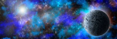 Uzaydan gelen bilinmeyen bir gezegen. Uzay nebulası. Kozmik yıldız kümesi. Dış uzay arkaplanı. 3B Görüntü.