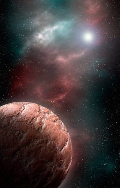 Uzaydan gelen bilinmeyen bir gezegen. Uzay nebulası. Kozmik yıldız kümesi. Dış uzay arkaplanı. 3B Görüntü.