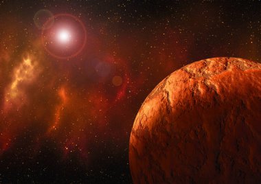 Uzaydan gelen bilinmeyen bir gezegen. Uzay nebulası. Kozmik yıldız kümesi. Dış uzay arkaplanı. 3B Görüntü.