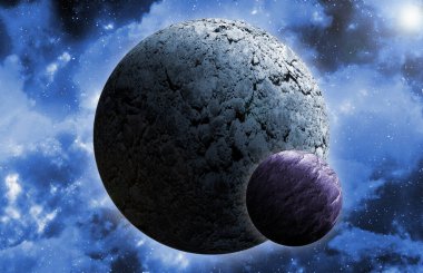 Uzaydan gelen bilinmeyen bir gezegen. Uzay nebulası. Kozmik yıldız kümesi. Dış uzay arkaplanı. 3B Görüntü.