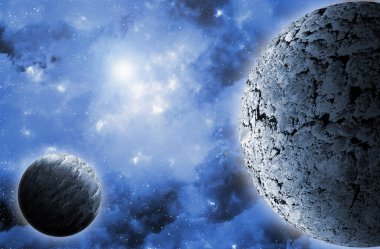 Uzaydan gelen bilinmeyen bir gezegen. Uzay nebulası. Kozmik yıldız kümesi. Dış uzay arkaplanı. 3B Görüntü.