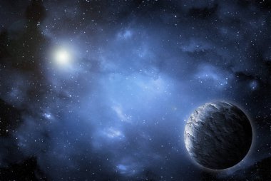 Uzaydan gelen bilinmeyen bir gezegen. Uzay nebulası. Kozmik yıldız kümesi. Dış uzay arkaplanı. 3B Görüntü.