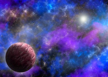 Uzaydan gelen bilinmeyen bir gezegen. Uzay nebulası. Kozmik yıldız kümesi. Dış uzay arkaplanı. 3B Görüntü.
