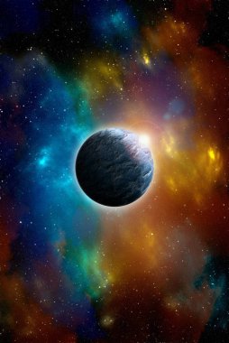 Uzaydan gelen bilinmeyen bir gezegen. Uzay nebulası. Kozmik yıldız kümesi. Dış uzay arkaplanı. 3B Görüntü.