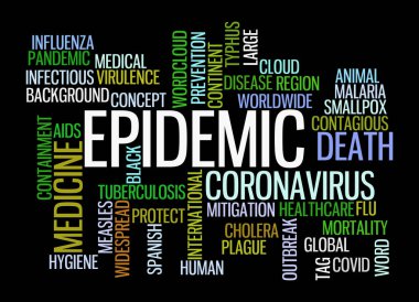 EPIDEMIC kavramına sahip Kelime Bulutu, siyah bir arkaplanda izole.