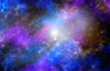 Yıldız tozu ve parlayan yıldızlarla dolu bir arka plan. Gerçekçi kainat ve renkli nebula. Renkli galaksi. 3d illüstrasyon.