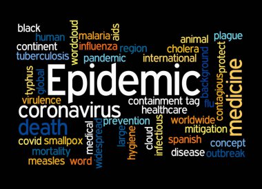 EPIDEMIC kavramına sahip Kelime Bulutu, siyah bir arkaplanda izole.
