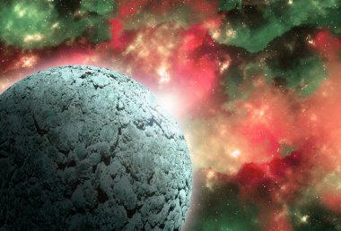 Uzaydan gelen bilinmeyen bir gezegen. Uzay nebulası. Kozmik yıldız kümesi. Dış uzay arkaplanı. 3B Görüntü.