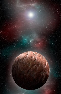 Uzaydan gelen bilinmeyen bir gezegen. Uzay nebulası. Kozmik yıldız kümesi. Dış uzay arkaplanı. 3B Görüntü.