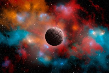 Uzaydan gelen bilinmeyen bir gezegen. Uzay nebulası. Kozmik yıldız kümesi. Dış uzay arkaplanı. 3B Görüntü.