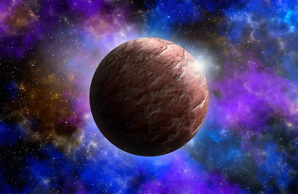 Uzaydan gelen bilinmeyen bir gezegen. Uzay nebulası. Kozmik yıldız kümesi. Dış uzay arkaplanı. 3B Görüntü.