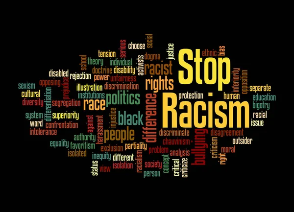 Word Cloud Stop Racism Koncepció Elszigetelt Fekete Háttérrel — Stock Fotó