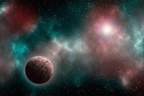 Uzaydan gelen bilinmeyen bir gezegen. Uzay nebulası. Kozmik yıldız kümesi. Dış uzay arkaplanı. 3B Görüntü.