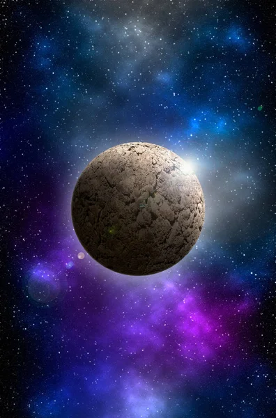 Uzaydan gelen bilinmeyen bir gezegen. Uzay nebulası. Kozmik yıldız kümesi. Dış uzay arkaplanı. 3B Görüntü.