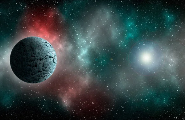 Uzaydan gelen bilinmeyen bir gezegen. Uzay nebulası. Kozmik yıldız kümesi. Dış uzay arkaplanı. 3B Görüntü.