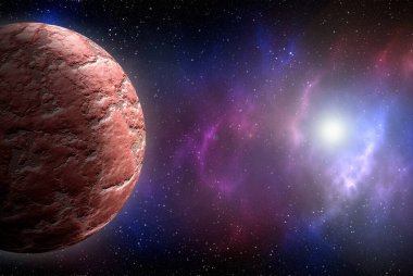 Uzaydan gelen bilinmeyen bir gezegen. Uzay nebulası. Kozmik yıldız kümesi. Dış uzay arkaplanı. 3B Görüntü.