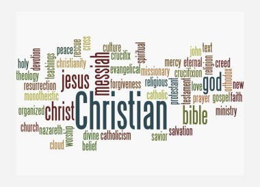 Kelime Bulutu, beyaz arka planda izole edilmiş Hristiyan konsepti..
