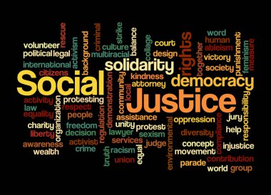 SOSYAL JUSTICE kavramına sahip Kelime Bulutu, siyah bir arka planda izole.