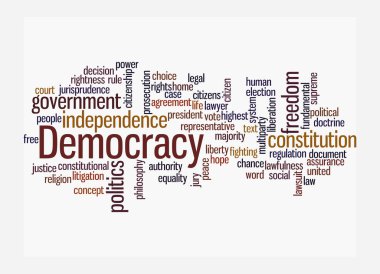 Kelime Bulutu beyaz arka planda izole edilmiş DEMOCRACY kavramına sahip.