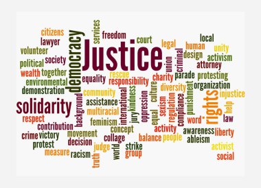 JUSTICE kavramına sahip Kelime Bulutu, beyaz arka planda izole.