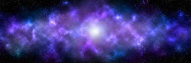 Yıldız tozu ve parlayan yıldızlarla dolu bir arka plan. Gerçekçi kainat ve renkli nebula. Renkli galaksi. 3d illüstrasyon.