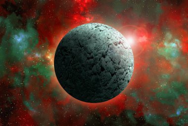 Uzaydan gelen bilinmeyen bir gezegen. Uzay nebulası. Kozmik yıldız kümesi. Dış uzay arkaplanı. 3B Görüntü.