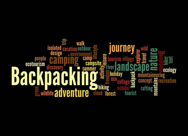Nube Palabras Con Concepto Backpacking Aislado Sobre Fondo Negro — Foto de Stock