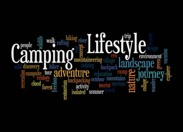 Word Cloud Camping Lifestyle Koncepció Elszigetelt Fekete Alapon — Stock Fotó