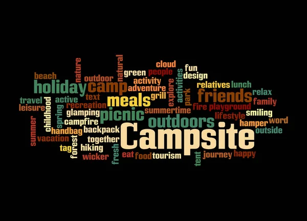 Word Cloud Com Conceito Campsite Isolado Fundo Preto — Fotografia de Stock