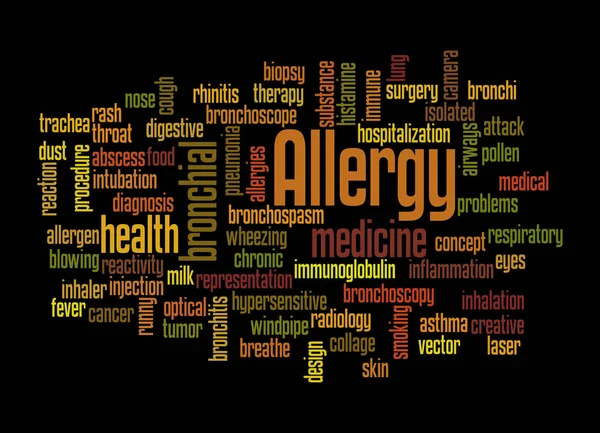 stock image Word Cloud with ALLERGY concept, isolated on a black background.