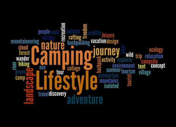 Word Cloud Med Camping Lifestyle Koncept Isolerad Svart Bakgrund — Stockfoto