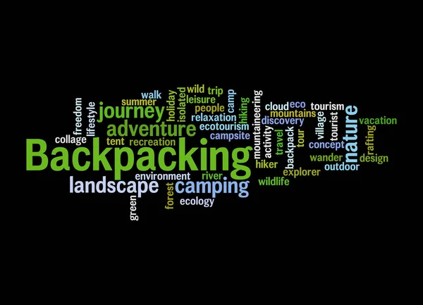 Nube Palabras Con Concepto Backpacking Aislado Sobre Fondo Negro — Foto de Stock