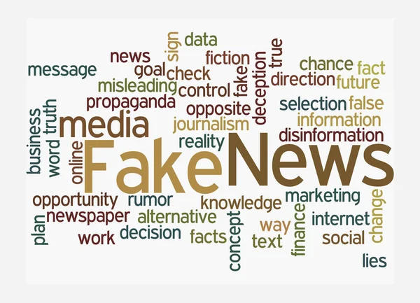 Sahte haber kavramına sahip Kelime Bulutu, beyaz arka planda izole.