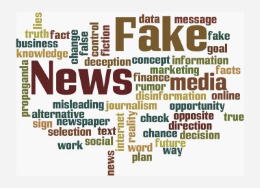 Sahte haber kavramına sahip Kelime Bulutu, beyaz arka planda izole.