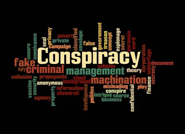 黒い背景に隔離された Conspiracyコンセプトを持つWord Cloud — ストック写真