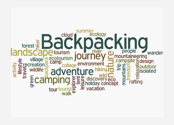 Nube Palabras Con Concepto Backpacking Aislado Sobre Fondo Blanco — Foto de Stock