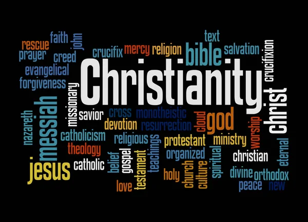 Word Cloud Christianity Koncepció Elszigetelt Fekete Alapon — Stock Fotó